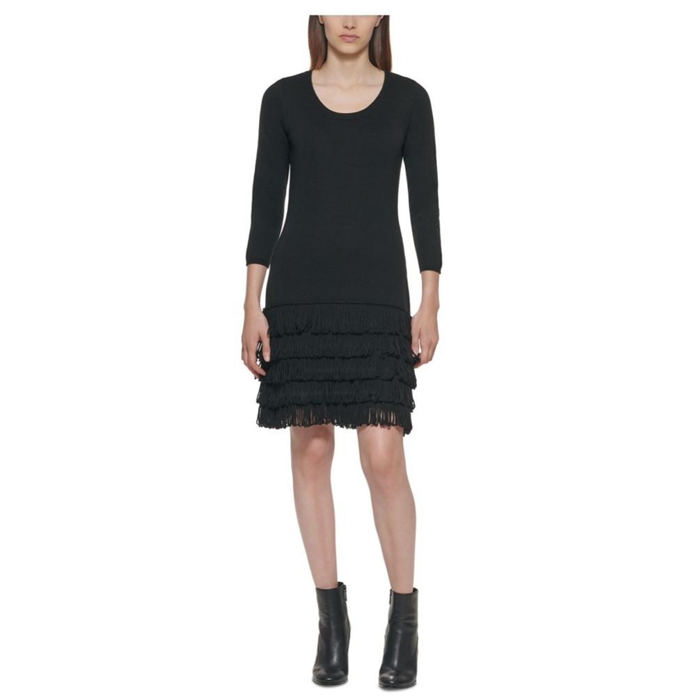Calvin Klein Black Fringe Dress 3/4 sleeve sz S